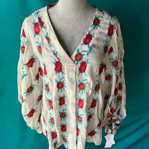 Camille & Company Women’s XL White Floral Smocked Blouse w/Flutter Sleeves NWT